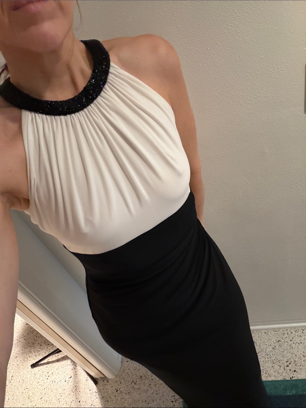 Ralph Lauren black ivory beaded neckline maxi gown cocktail dress 6 ruching